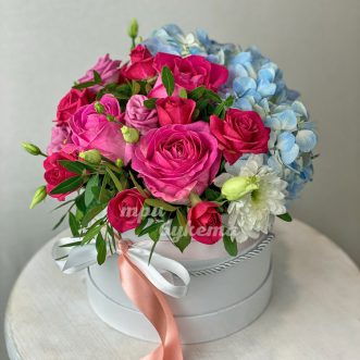 Коробка с голубой гортензией и розовыми розами
